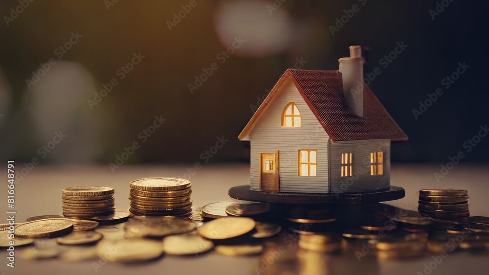 House Model and Money Coins for Savings and Investment Concept House Model and Money Coins for Savings and Investment Concept