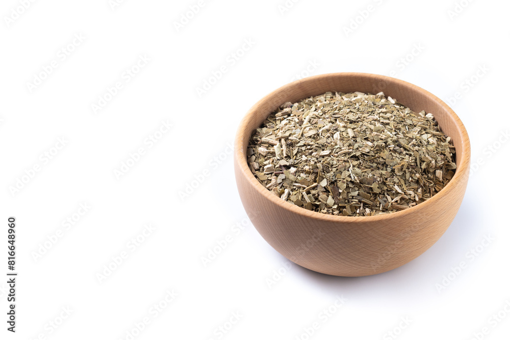Traditional yerba mate in bowl isolated on white background. Copy space Traditional yerba mate in bowl isolated on white background. Copy space