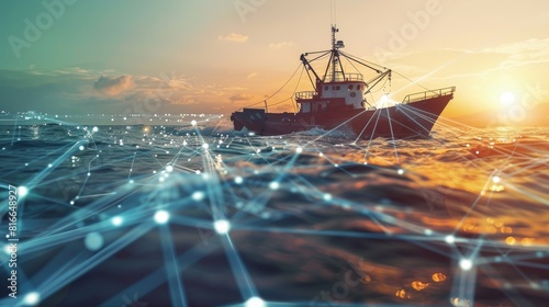 A conceptual image of a smart fishing industry, using technology to track fish populations and promote sustainable practices