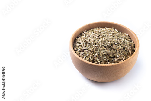 Traditional yerba mate in bowl isolated on white background. Copy space