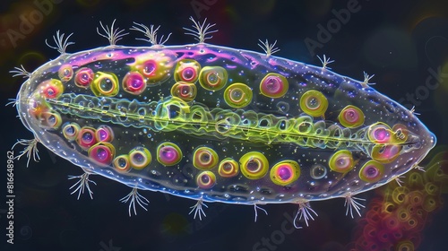 Show the cilia covered surface of paramecium emphasizing its oval shape and movement