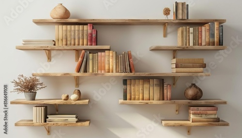 Minimalist Shelving Unit A wallmounted minimalist shelving unit displaying books and decor items photo