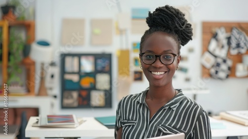 Portrait, tablet and black woman designer in an office for planning, strategy or creative research. Technology, smile and online order with a young employee or small business owner in a workplace  photo
