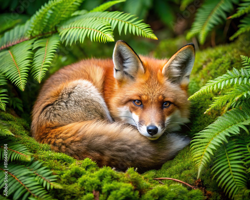 Nestled among ferns and moss, a fox curls up for a moment of rest, blending seamlessly into its verdant surroundings © artsakon