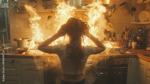 An ordinary kitchen scene turns into a frightful spectacle for a woman as her stove bursts into menacing flames. photo