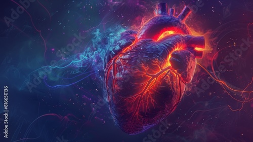 Digital painting of a pulsating human heart with luminescent arteries and veins