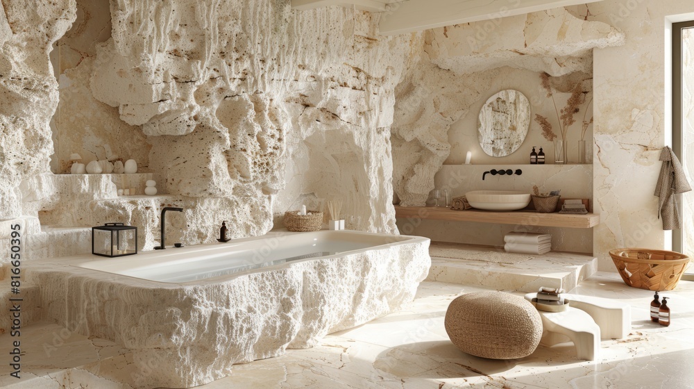 Evoking an earthy ambiance, this rock-carved bathroom mirrors a cave's ruggedness and the crude charm of primitive styling.