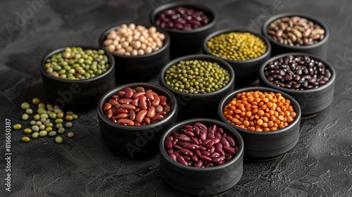 A bunch of different types of beans in small black bowls on a black surface with different colors of beans in them. 