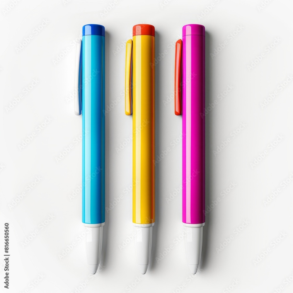 Three distinct colored pens placed on a plain white background Three distinct colored pens placed on a plain white background