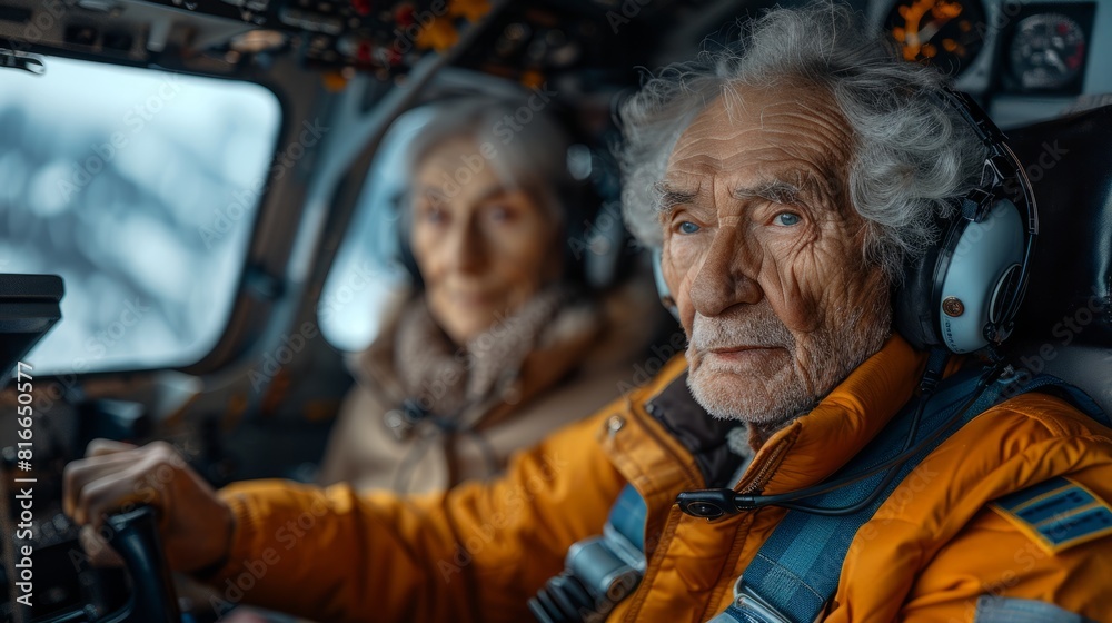 In the intimate setting of their private airplane, an elderly couple enjoy the freedom of flight, earmarked by their headsets, and endless sky. In the intimate setting of their private airplane, an elderly couple enjoy the freedom of flight, earmarked by their headsets, and endless sky.