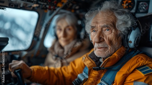 In the intimate setting of their private airplane, an elderly couple enjoy the freedom of flight, earmarked by their headsets, and endless sky.