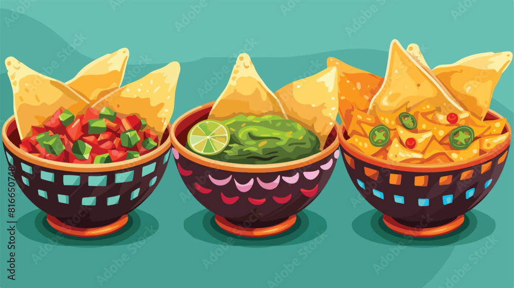 Pots with tasty nachos on color background Vector style
