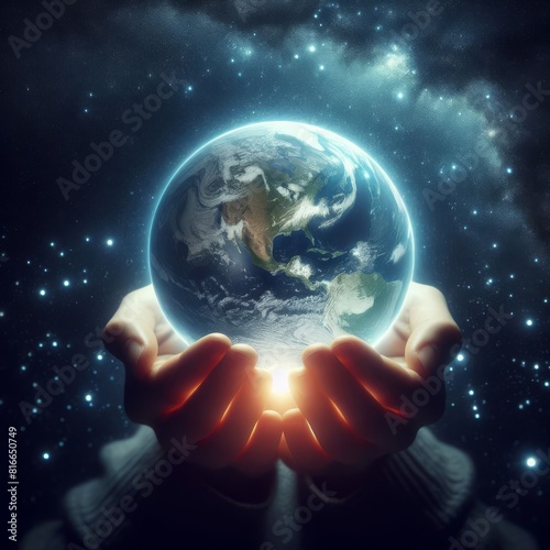 A surreal image of hands gently cradling the Earth against a star-filled cosmic backdrop, symbolizing care for our planet.. AI Generation
