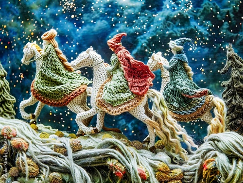 Crocheted Norns on Horses