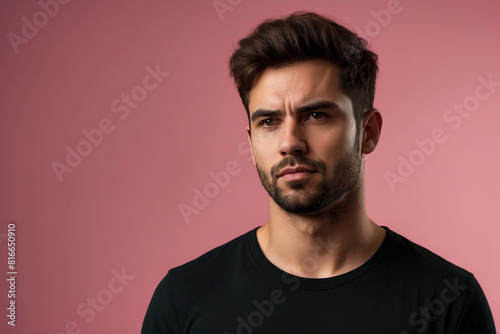Dissatisfied young man looking unpleasantly away, expresses aversion, smirking at pink background. Guy in black t-shirt scared, negative face expressions concept. Advertising. Copy text space