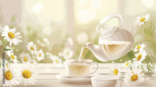Pouring of chamomile tea from teapot into cup on tabl photo