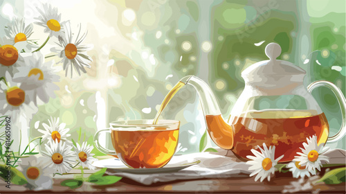 Pouring of chamomile tea from teapot into cup on tabl photo