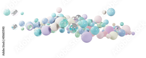 Modern minimalistic panoramic background with many colorful pastel-colored spheres,glass spheres hanging in the air, isolate