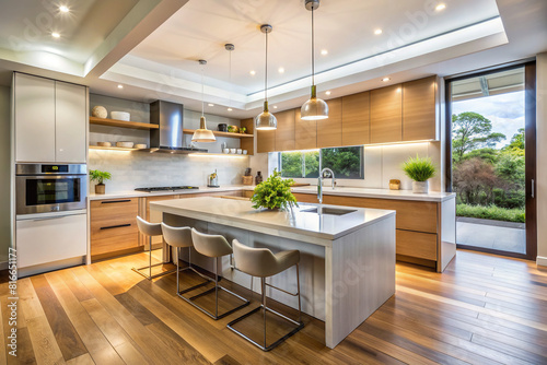 This contemporary kitchen showcases a seamless integration of modernity and functionality, enhanced by a minimalist design and ample natural light photo