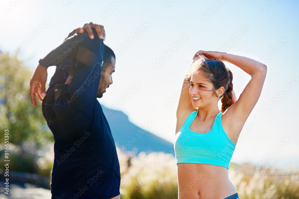 Woman, coach and stretching for outdoor exercise on mountain path or mobility, warm up or fitness. Personal trainer, client and training workout for performance support or friends, running or morning Woman, coach and stretching for outdoor exercise on mountain path or mobility, warm up or fitness. Personal trainer, client and training workout for performance support or friends, running or morning