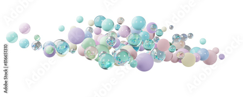 Modern minimalistic panoramic background with many colorful pastel-colored spheres,glass spheres hanging in the air, isolate