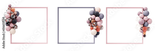 set of frames, border, with many multicolored spheres , crystals and decoration elements swirling around the perimeter of the frame, decoration, festive design, luxury background