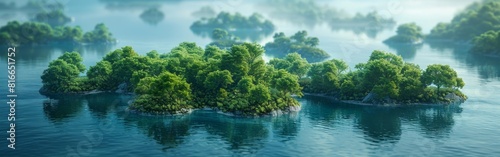 A lush green island with trees and water