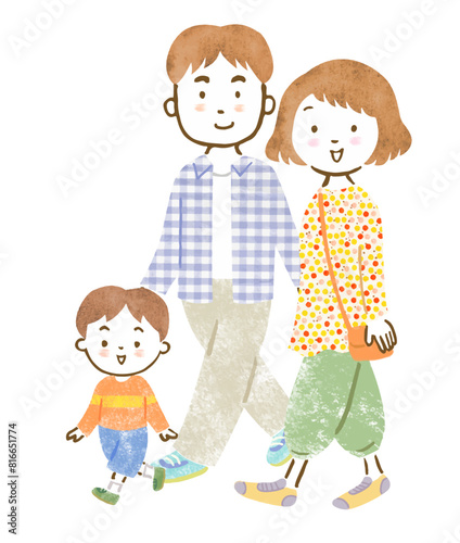 子供（男の子）が一人いる3人家族の手描きイラスト
