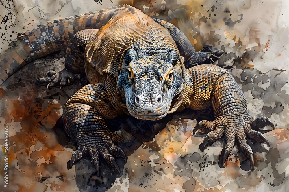 Intricate Textures of a Basking Komodo Dragon in Watercolor Intricate Textures of a Basking Komodo Dragon in Watercolor