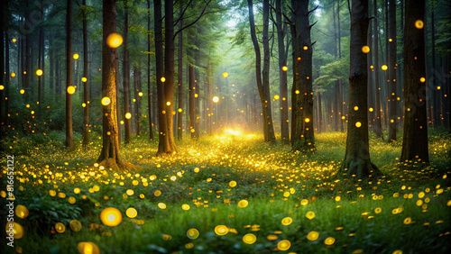 Mesmerizing scene of fireflies dancing in a dark forest clearing, creating a fairy-tale atmosphere.