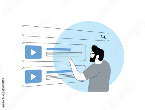 Personalized video marketing. Man clicks on automatically selected video based on his preferences. Personalized targeted video marketing strategy with custom tape ads. Isolated vector illustration