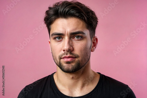 Dissatisfied young man looking unpleasantly away, expresses aversion, smirking at pink background. Guy in black t-shirt scared, negative face expressions concept. Advertising. Copy text space