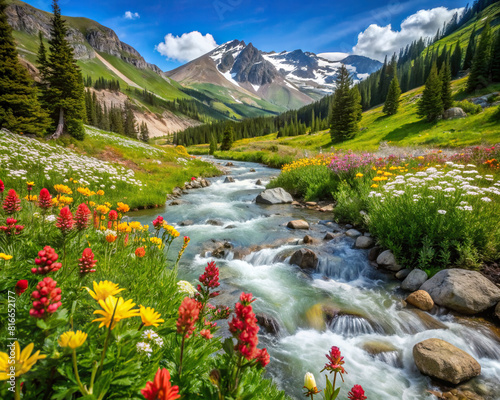 Wildflowers blooming in abundance along the banks of a crystal-clear mountain stream  thriving in their natural habitat