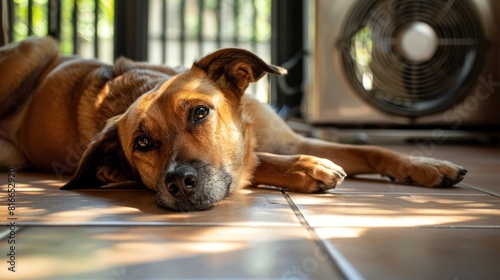 A dog lies on a cool tile in front of a fan on the kitchen floor during the summer. © chutikan