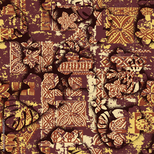 Hawaiian tribal elements fabric patchwork wallpaper abstract grunge vector seamless pattern for fabric wear shirt pillow tablecloth