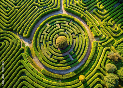 Stunning drone view of a grass maze, showcasing the intricate textures and natural beauty