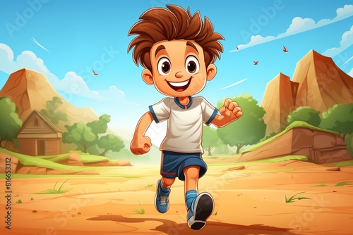 happy young boy running in the mountain, illustration