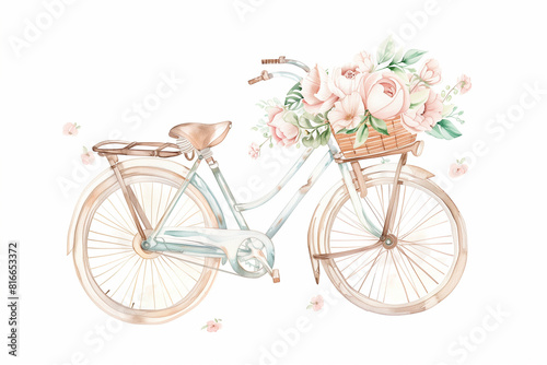 This postcard features a watercolor depiction of a classic blue bicycle with a basket full of flowers. It bringing a touch of nature to the urban streets, showcases a palette of soft pastel tones