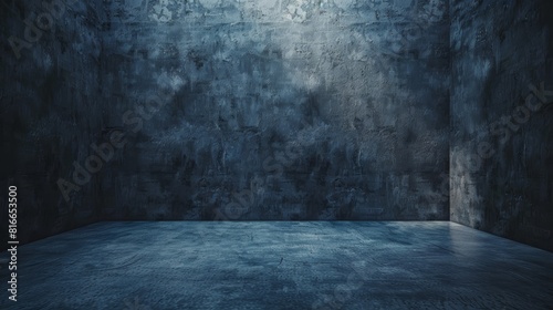 Spotlight on empty blue concrete room with light rays. photo