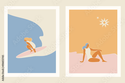 Vector illustration in flat style, summer banner and print, summer and vacation vibes, girl surfing on the wave in the ocean.