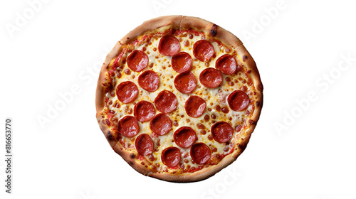 A classic pepperoni pizza, perfectly round and golden brown, isolated on transparent background, png file.