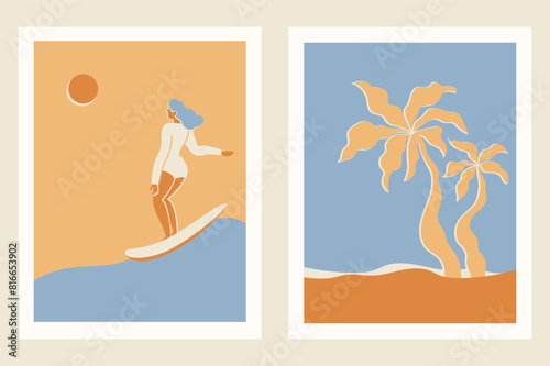 Vector illustration in flat style, summer banner and print, summer and vacation vibes, girl surfing on the wave in the ocean.