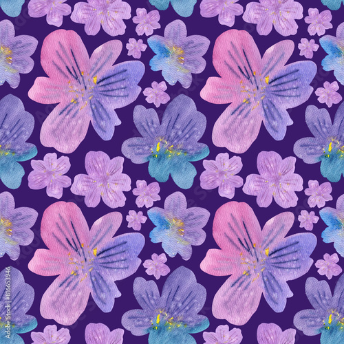 Seamless pattern of hand drawn watercolor flowers floral lilac plants. Herb flower. Drawing summer Botanical greenery illustration on purple background. For fabric  wallpaper  wrapping  textile.