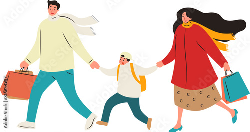 Family with bags of gifts walking happily