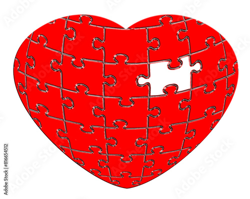 Pièce manquante sur cœur puzzle rouge , fond blanc 