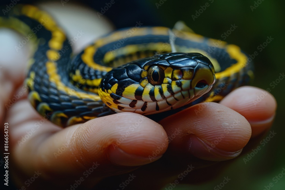 Obraz premium Garter snake macro, snake head closeup, a dangerous reptile in hands, wild nature photo
