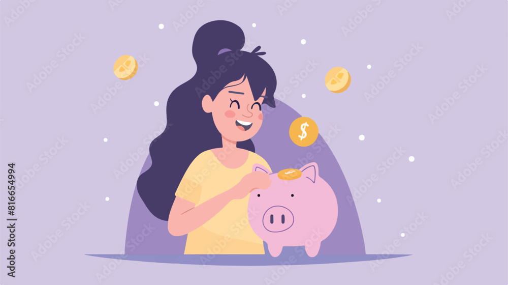 Pretty young woman putting coin into piggy bank