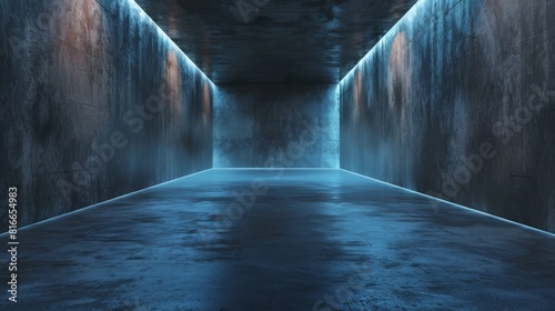 The image is a dark and mysterious tunnel. The walls are made of rough concrete and the floor is wet and reflective. There is a blue light at the end of the tunnel. photo
