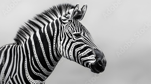 Striking Monochromatic Side Profile of a Zebra with Intricate Patterned Stripes Reminiscent of Traditional Tribal Art