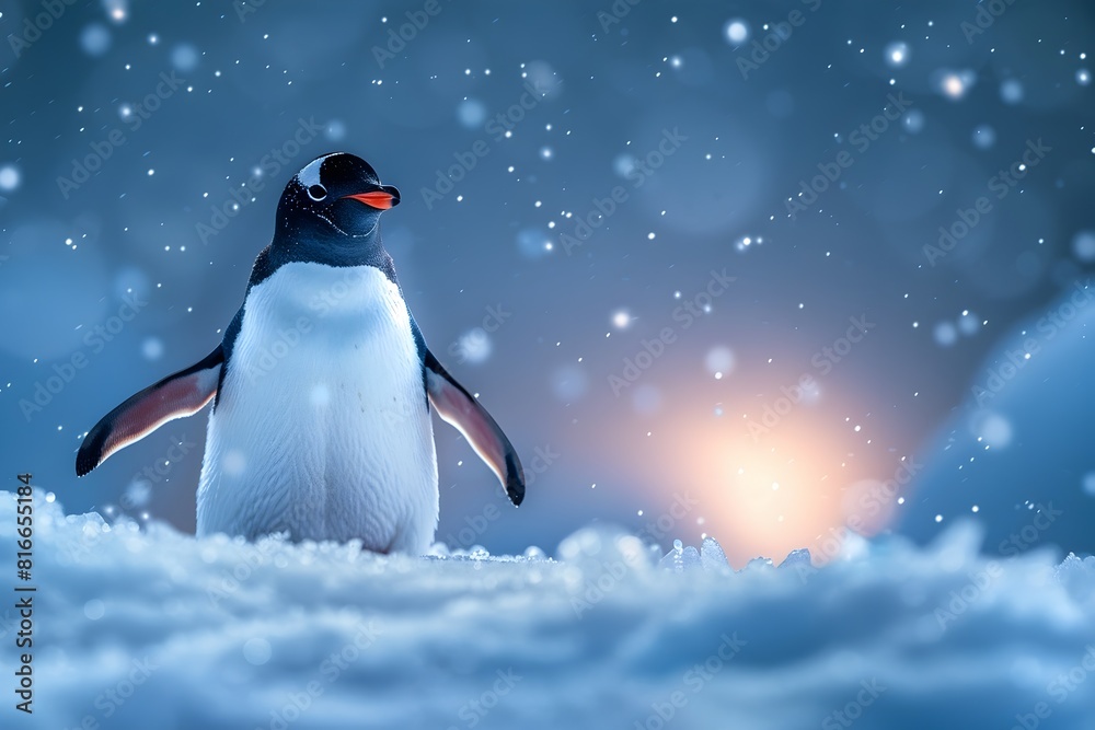 Obraz premium Playful Penguin Waddling on Sparkling Icy Landscape Under Starry Night Sky